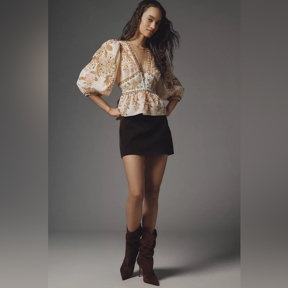 Farm Rio x Anthropologie Bubble-Sleeve V-Neck Peplum Top - Picture 3 of 3